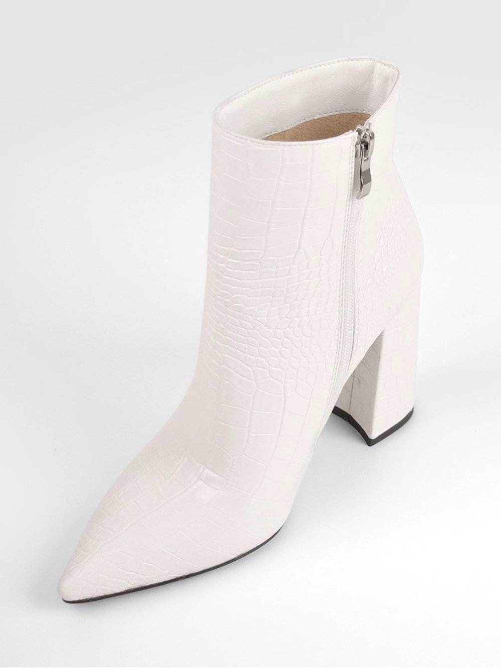 Nasty Gal White Croc-Embossed Pointed Toe Block Heel Ankle Boot